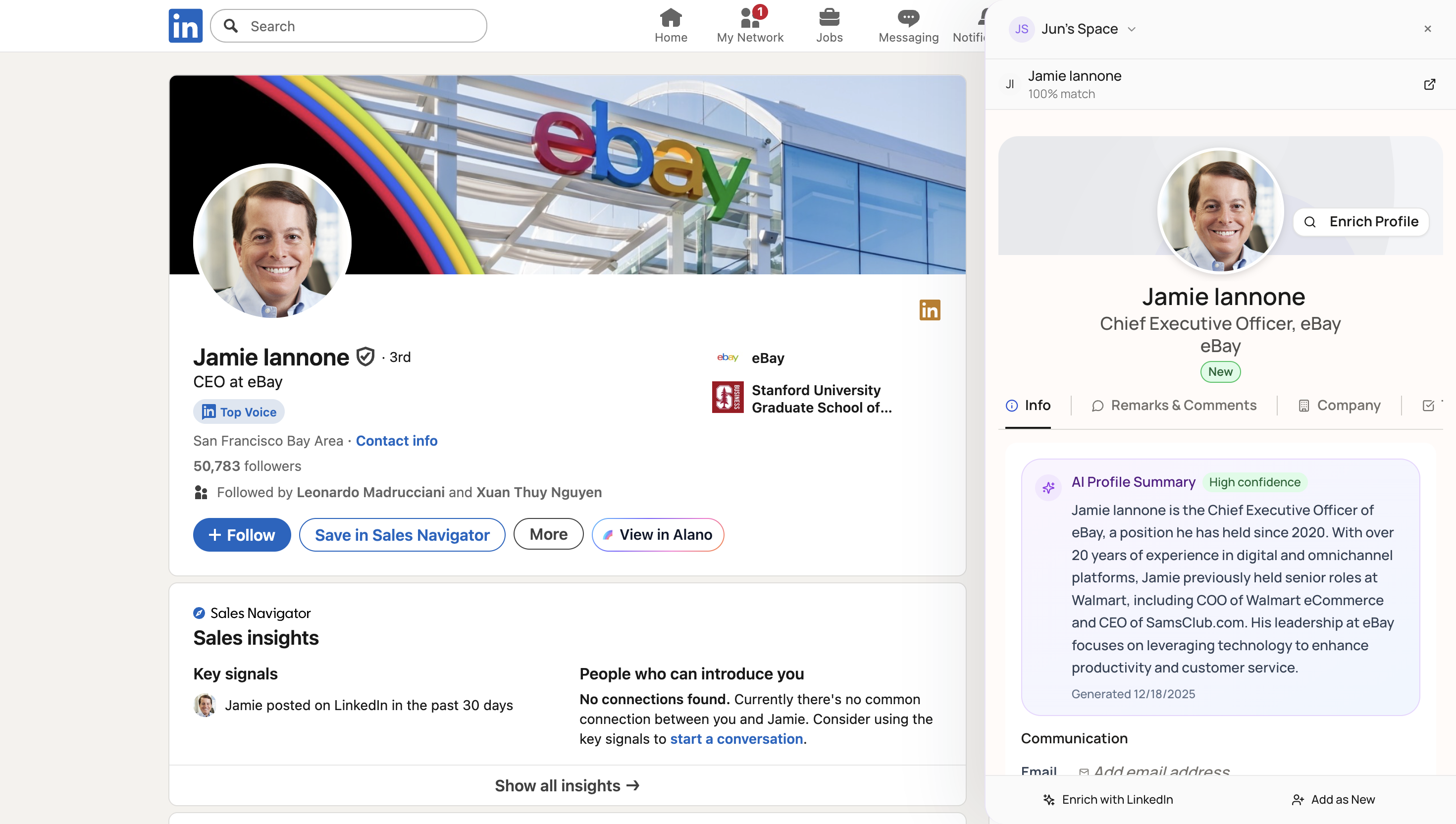 Screenshot for Alano CRM LinkedIn Extension