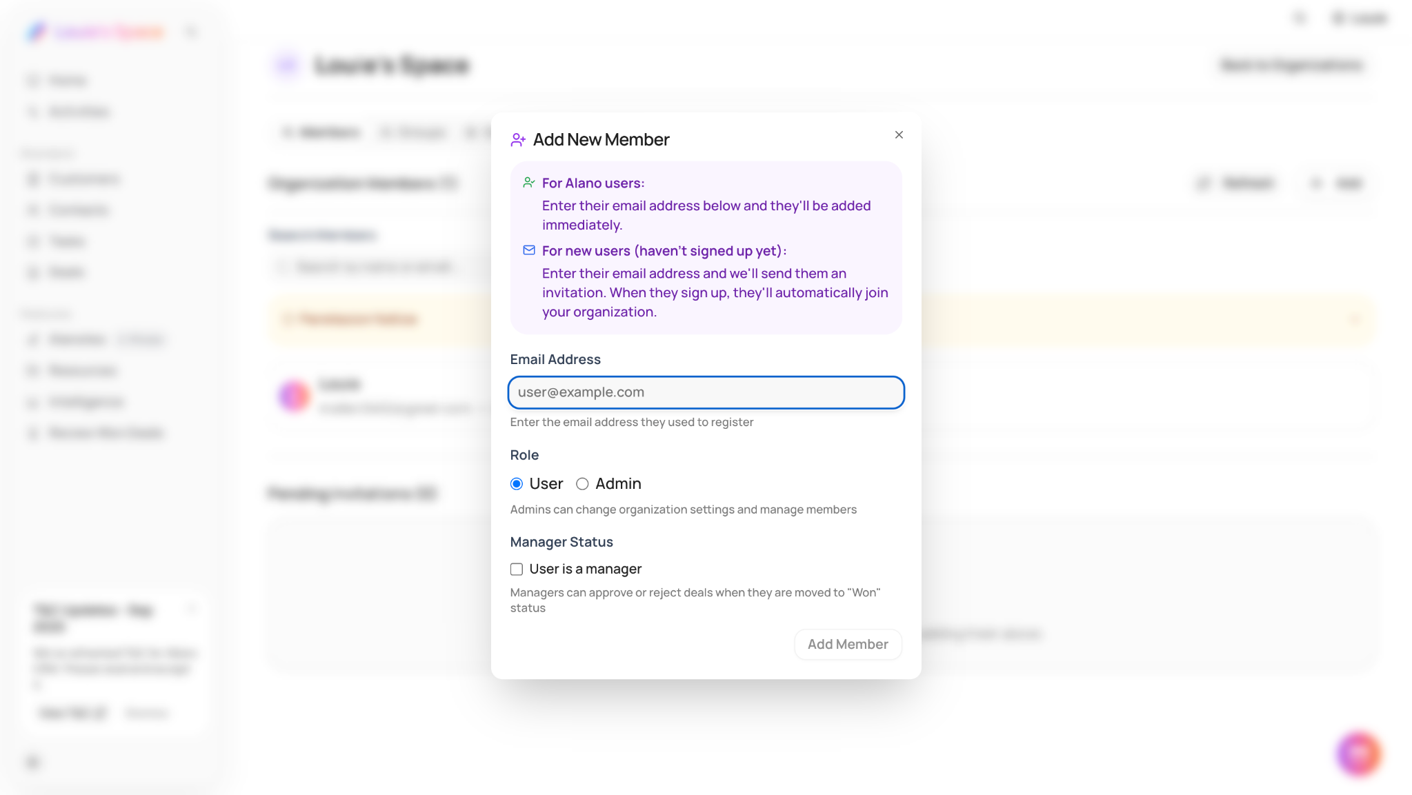 Screenshot for Create your organization (workspace) in Alano