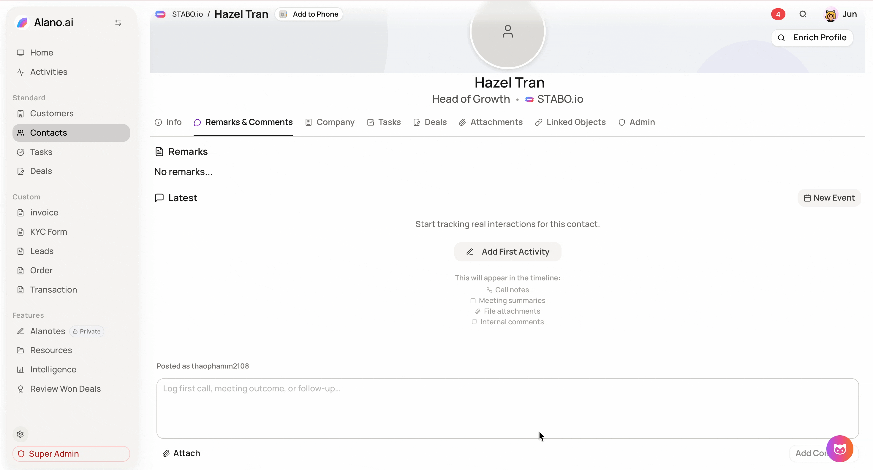 Screenshot for Sharing Notes to Deals, Customers, Contacts & Tasks